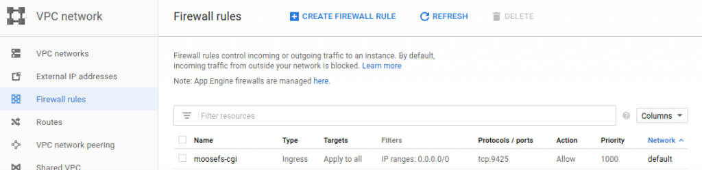MooseFS CGI Firewall rule in Google Cloud