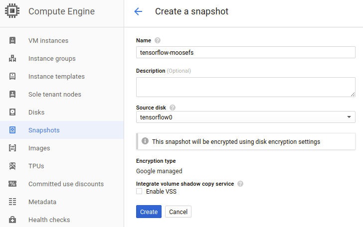 MooseFS in Google Cloud - Create disk snapshot